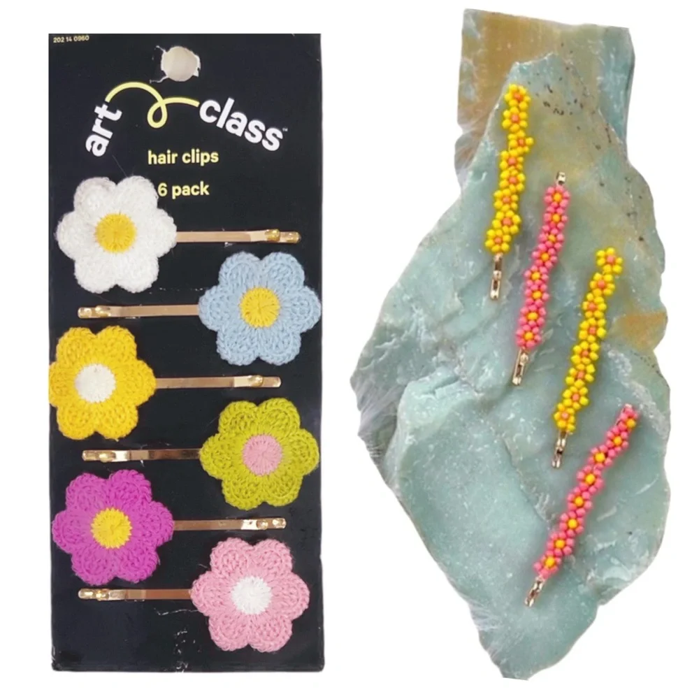 Boho Flower Hair Clips Crochet Daisy & Embellished Beaded Flower Bobby‎ Pins Set